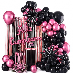 SET DE GLOBOS ARCO XL FELIZ CUMPLEA�OS NEGRO Y FUCSIA SS 98 UNIDADES